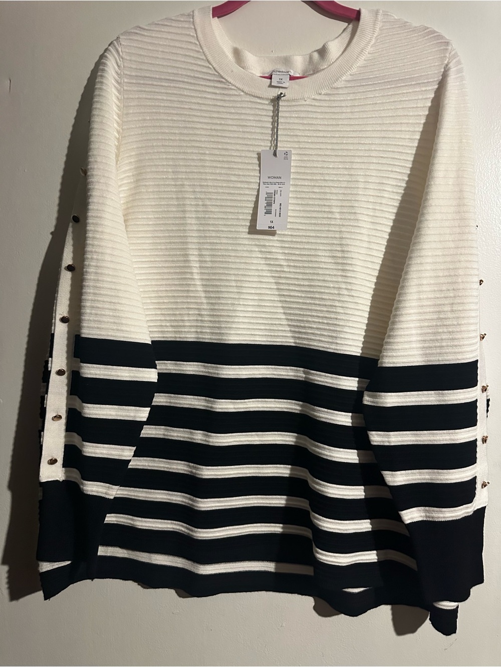 Liz Claiborne Cream and Black Striped Ribbed Crew Sweater with Sleeve Buttons